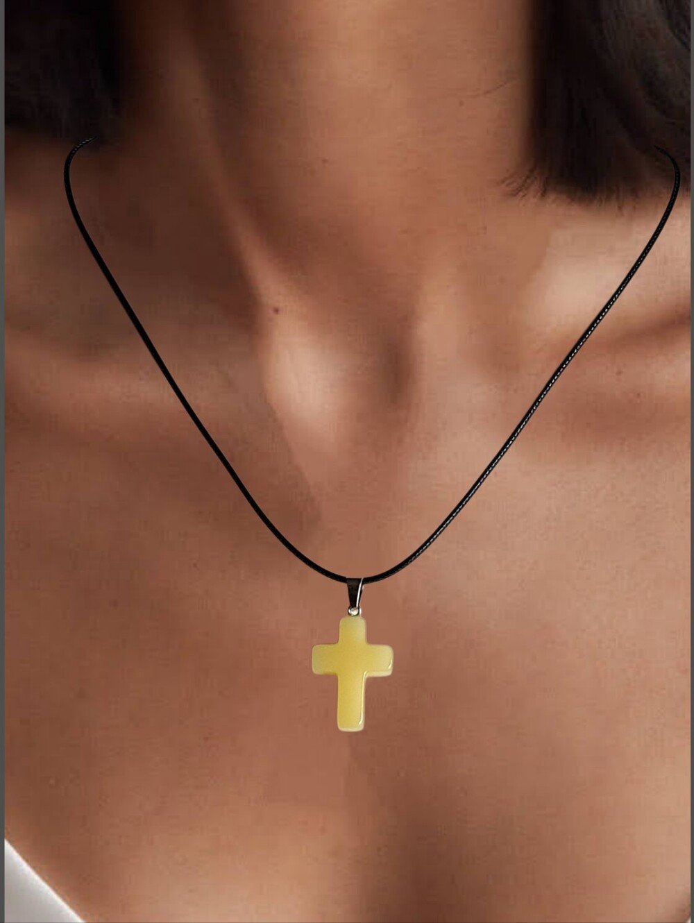 Yellow Jade Cross Pendant w/Cord Necklace. NWOT